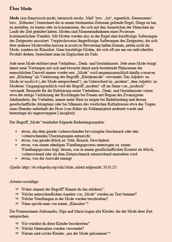 ARbeitsblatt Mode